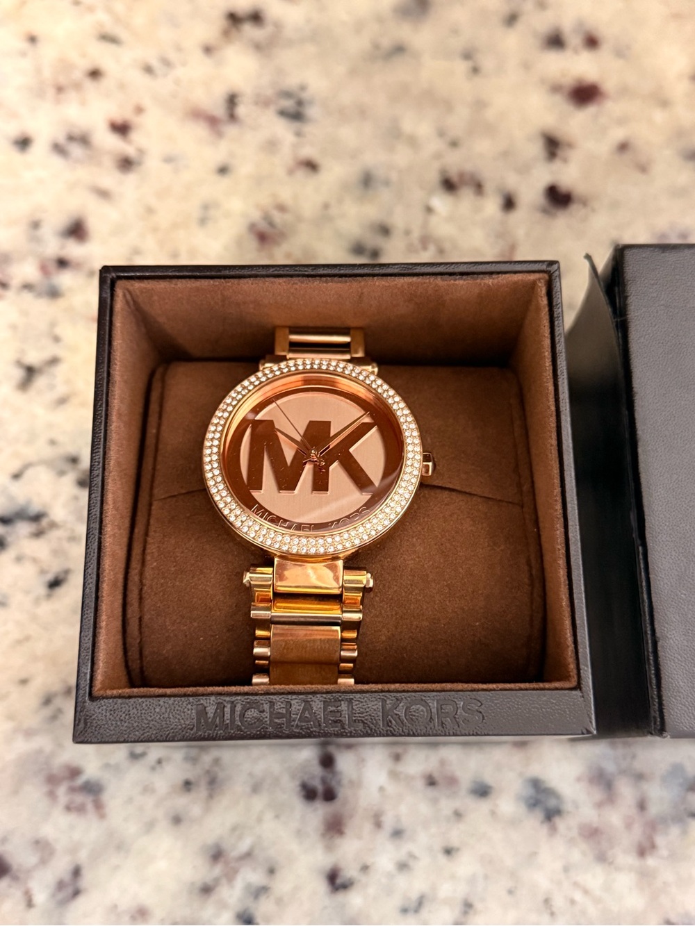 Michael Kors Rose Gold-tone MK Logo Crystal Accent Watch